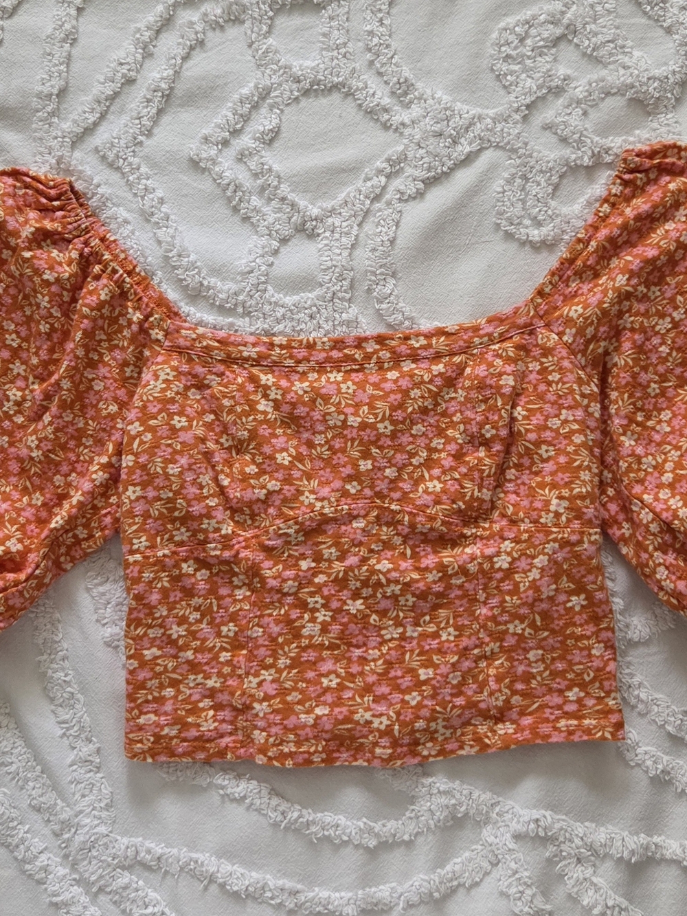 Billabong Orange Floral Square-Neck Puff Sleeve Crop Top